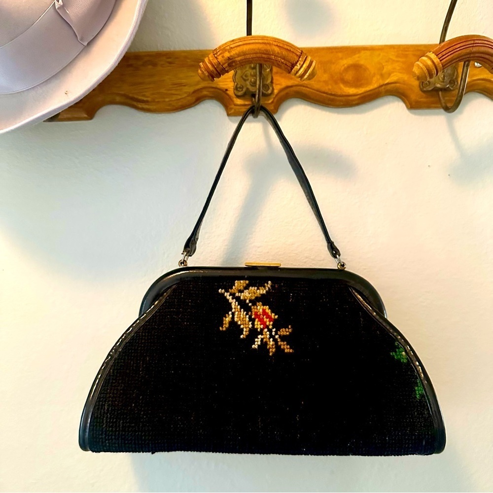 Vintage Wool Petit Point Handbag Cottagecore Black Floral Leather Trimmed - Picture 3 of 13